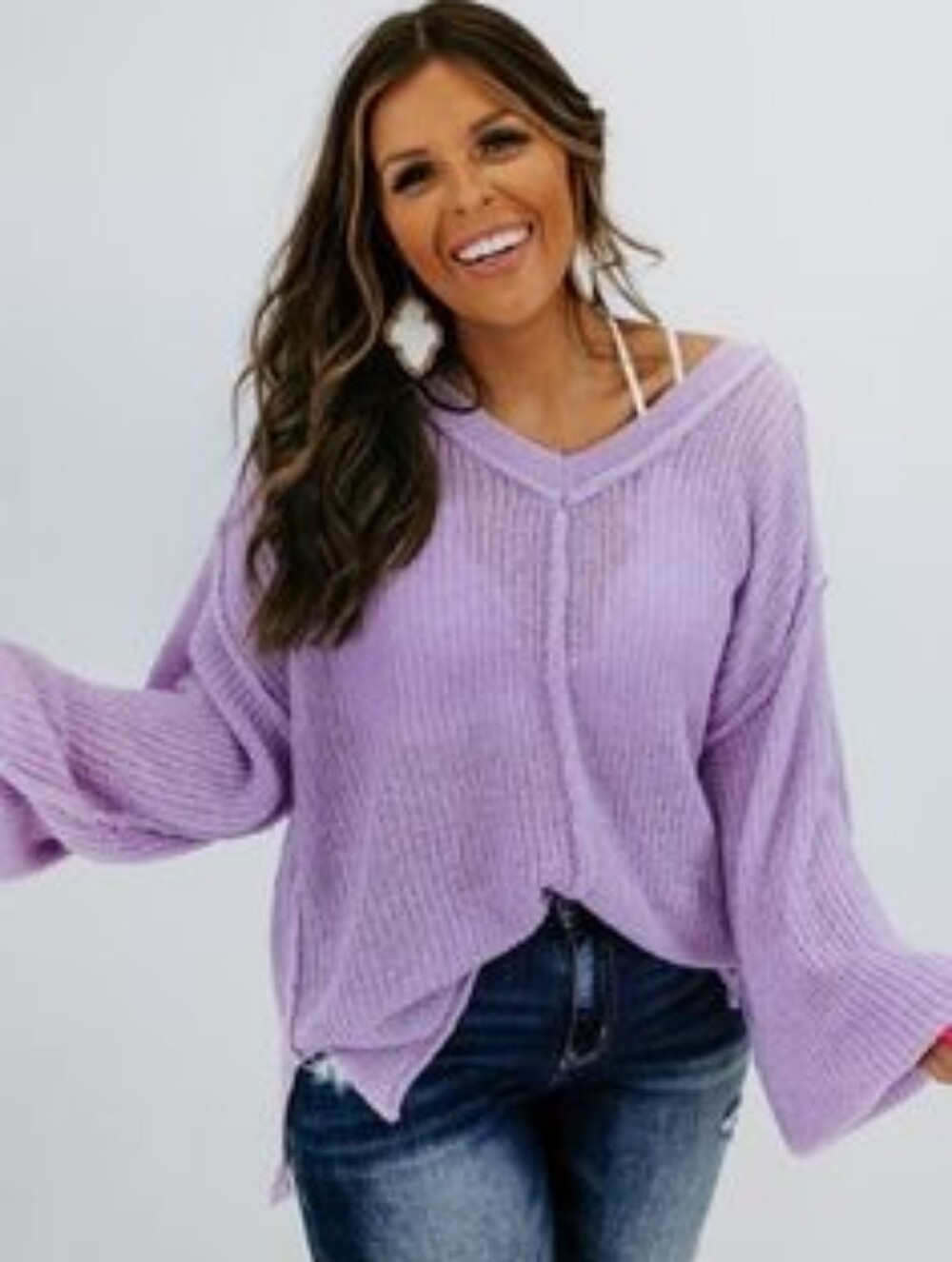 POL Shaker Knit V-neck Sweater Lavender Sz Lg Slouchy Oversize Boho